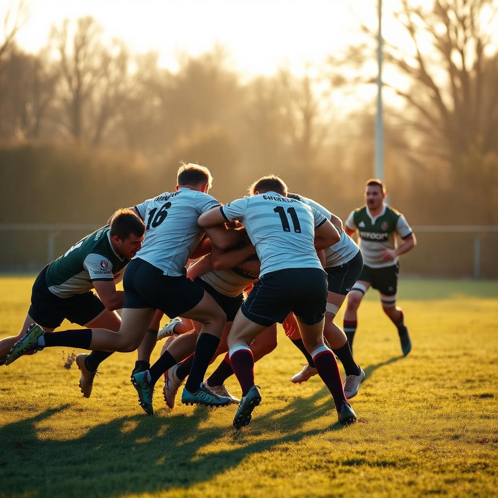 Joueurs de rugby en action sur un terrain